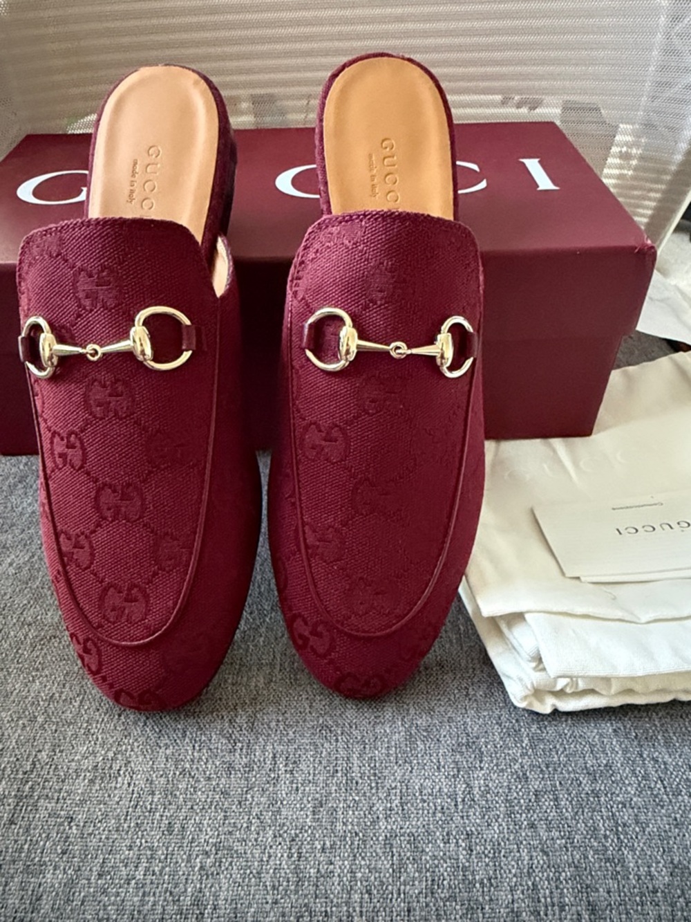 Gucci Burgundy GG Canvas Horsebit Slides Mules in size 7 - Picture 2 of 8